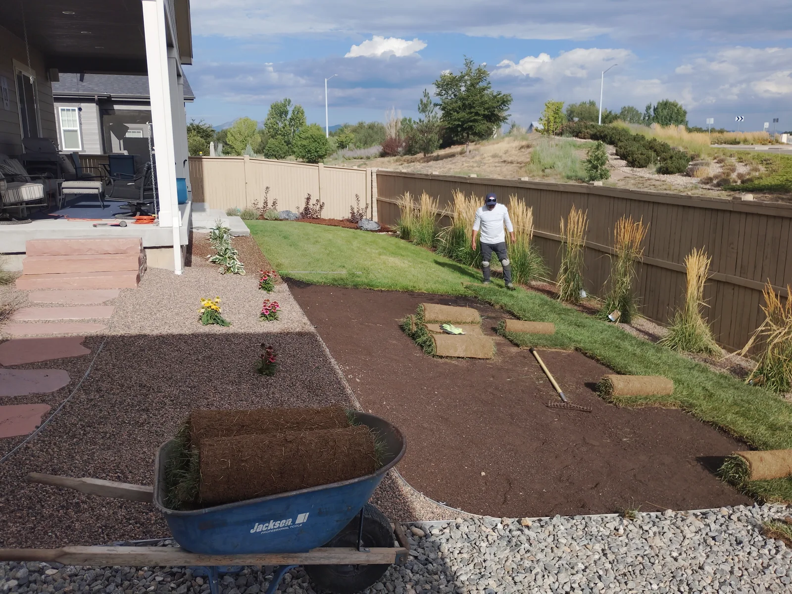 New sod and landscape path during installation
