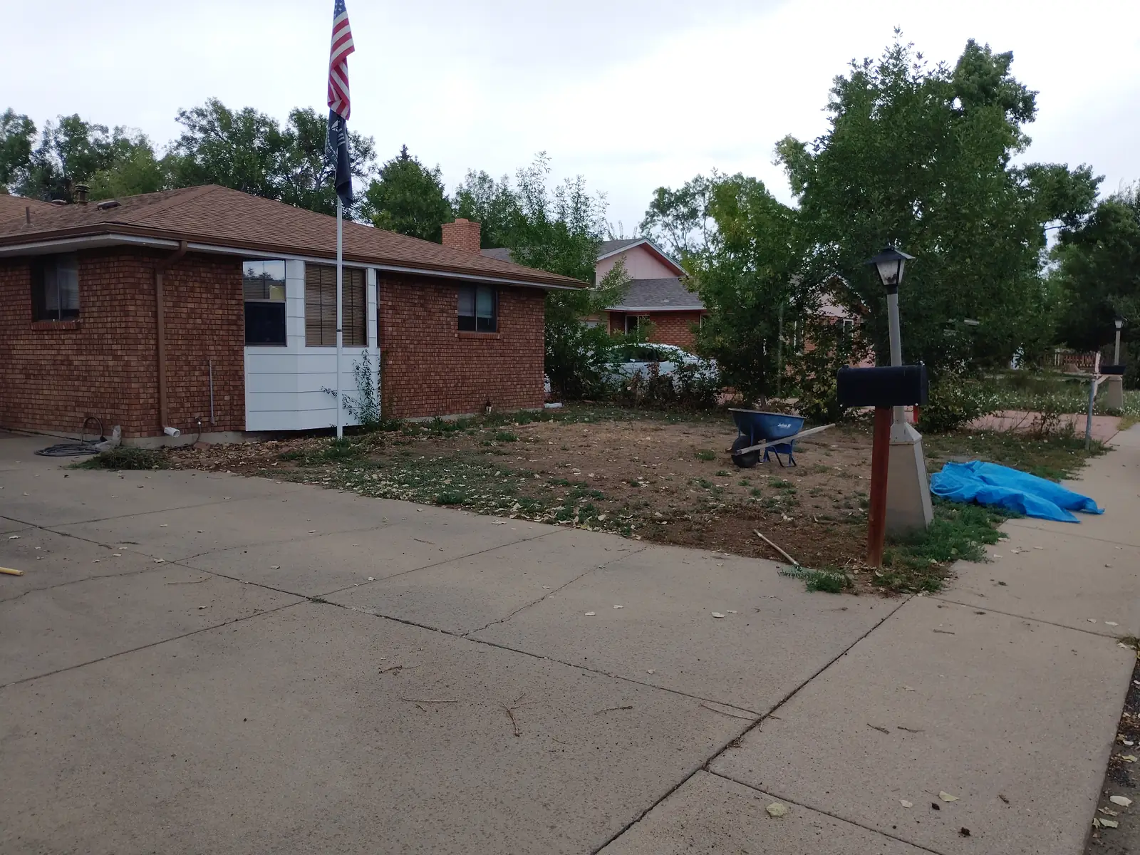 Before: Front yard cleared to bare worked dirt with bed edges staked and strung in Longmont, CO